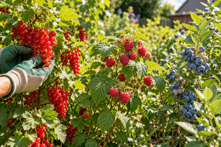 Reife rote Johannisbeeren, Himbeeren und blaue Heidelbeeren hängen an Sträuchern in einem sonnigen norddeutschen Garten