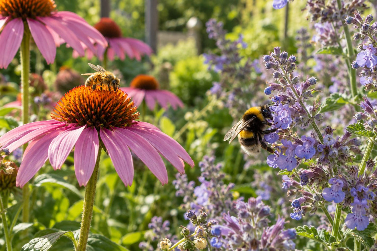 Eine Honigbiene und eine Hummel sammeln Nektar an rosa Sonnenhut und Katzenminze in einem naturnahen Gartenbeet