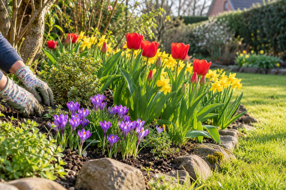 Blühende rote Tulpen, gelbe Narzissen und violette Krokusse in einem Frühlingsbeet eines norddeutschen Gartens