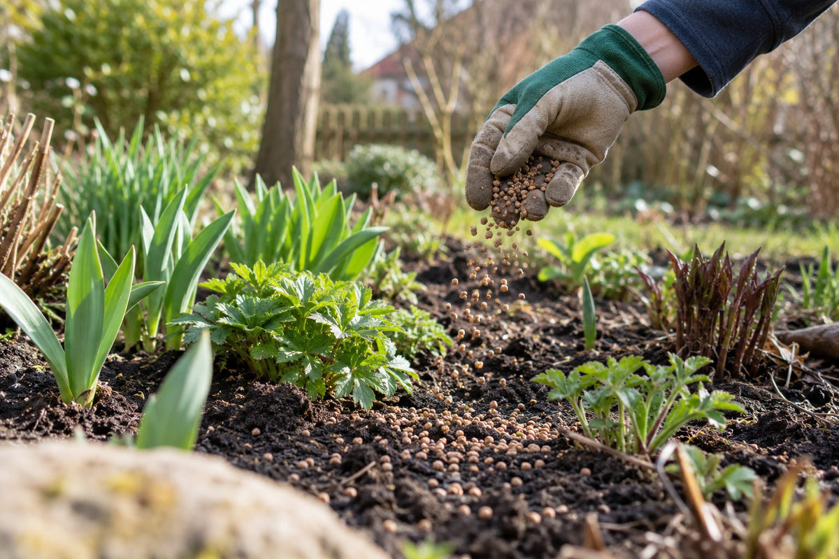 Eine Hand streut körnigen Dünger gleichmäßig über ein Staudenbeet im Frühjahr, frische grüne Triebe kommen aus dem Boden