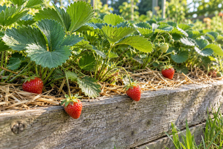 Reife rote Erdbeeren hängen über den Rand eines hölzernen Hochbeets, darunter liegt eine Schicht goldenes Stroh