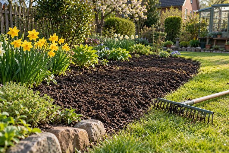 Ein norddeutscher Frühlingsgarten mit frisch vorbereiteten Beeten, blühenden Narzissen und einem Rechen auf dem Rasen