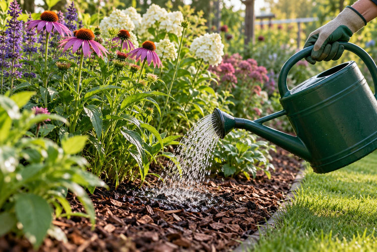 Eine Gießkanne gießt am frühen Morgen Wasser direkt an den Fuß blühender Stauden in einem mit Rinde gemulchten Gartenbeet