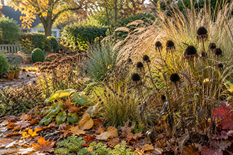 Herbstlicher Garten in Norddeutschland mit stehengelassenen Gräsern, Samenständen von Sonnenhut und buntem Laub auf dem Beet