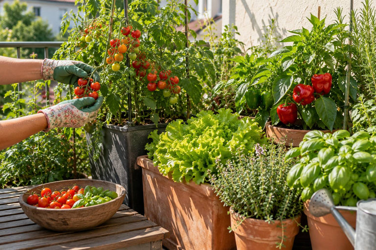 Ein sonniger Stadtbalkon mit Kübeln voller Naschtomaten, Paprika, Salat und Kräutern vor einer hellen Hauswand