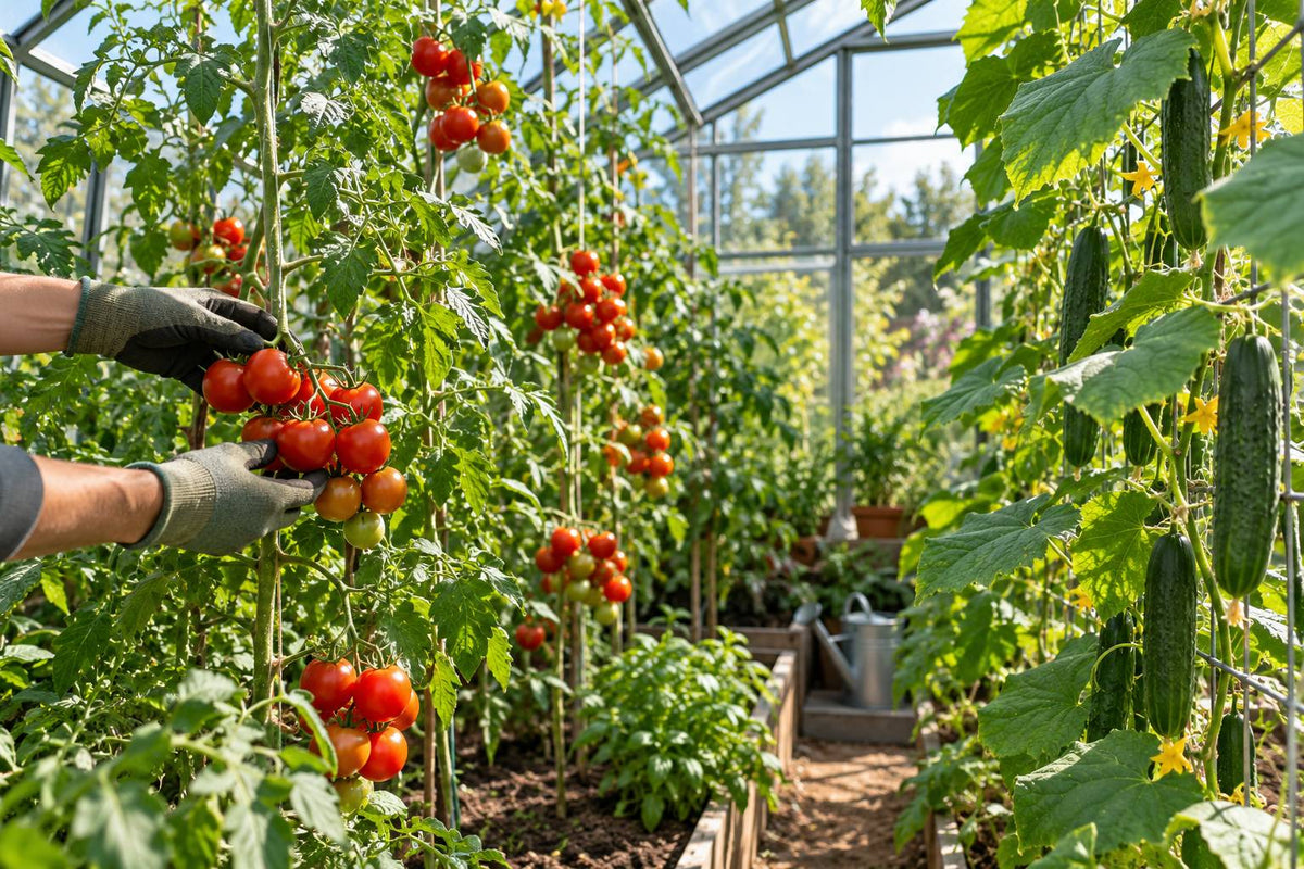 Ein helles Gewächshaus mit kräftigen Tomatenpflanzen an Schnüren, reifen roten Früchten und Gurken an einem Rankgerüst