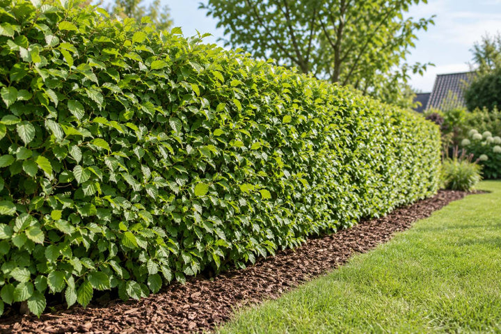 Eine frisch geschnittene, dichte grüne Hainbuchenhecke grenzt einen norddeutschen Garten ab, am Fuß liegt eine Schicht Rindenmulch