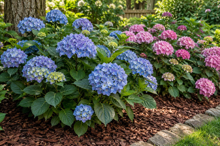 Blau und rosa blühende Bauernhortensien im Halbschatten eines Gartens, der Boden darunter ist mit rötlicher Pinienrinde gemulcht