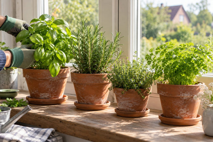Tontöpfe mit Basilikum, Rosmarin, Thymian und Petersilie stehen auf einer sonnigen Fensterbank vor einem Holzfenster