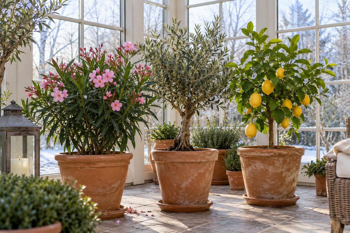 Oleander, Olivenbaum und Zitronenbäumchen in Kübeln stehen in einem hellen, kühlen Wintergarten vor großen Fenstern