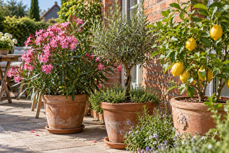 Sonnige Terrasse mit rosa blühendem Oleander, einem Olivenbaum und einem Zitronenbäumchen mit reifen Früchten in Terrakottakübeln