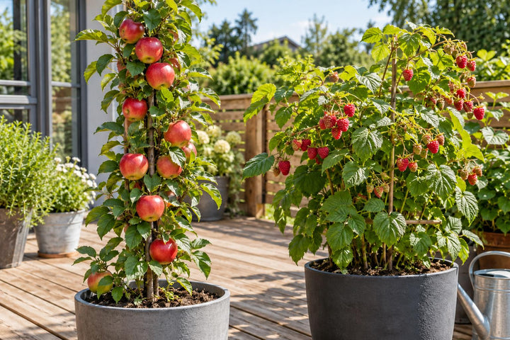 Säulenapfel mit roten Äpfeln und eine Himbeere mit reifen Früchten stehen in großen Kübeln auf einer sonnigen Holzterrasse