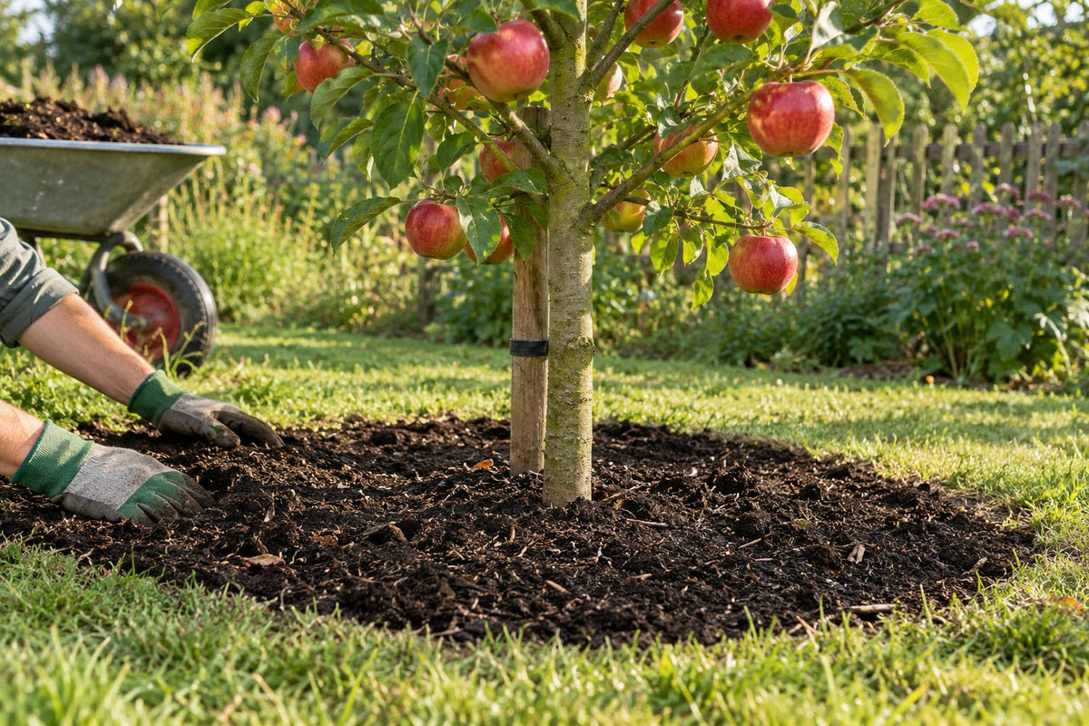 Hände in Gartenhandschuhen verteilen Kompost auf der Baumscheibe eines jungen Apfelbaums mit roten Früchten in einem norddeutschen Garten