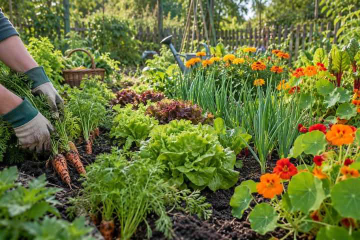 Hände in Gartenhandschuhen ernten Möhren in einem naturnahen Gemüsegarten in Mischkultur mit Salat, Zwiebeln, Tagetes und Kapuzinerkresse