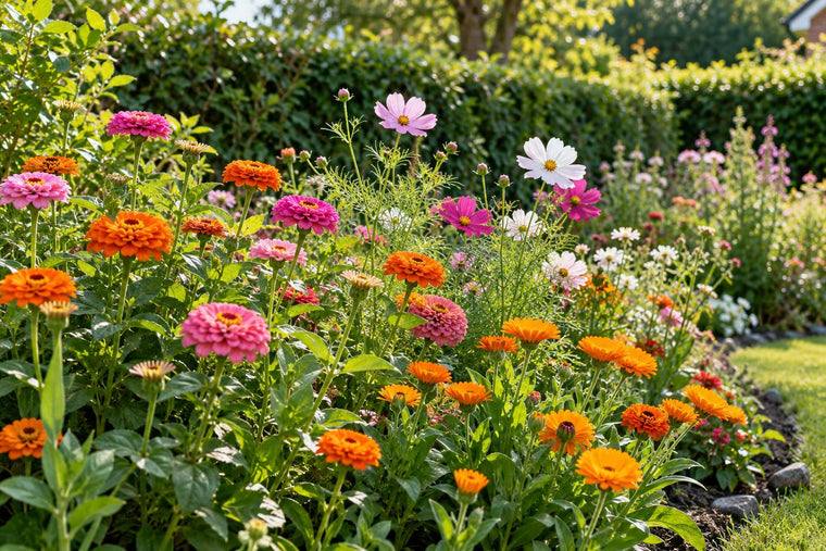 Ein sommerliches Beet mit blühenden Zinnien, Schmuckkörbchen und Ringelblumen in Orange, Pink und Weiß vor einer grünen Hecke