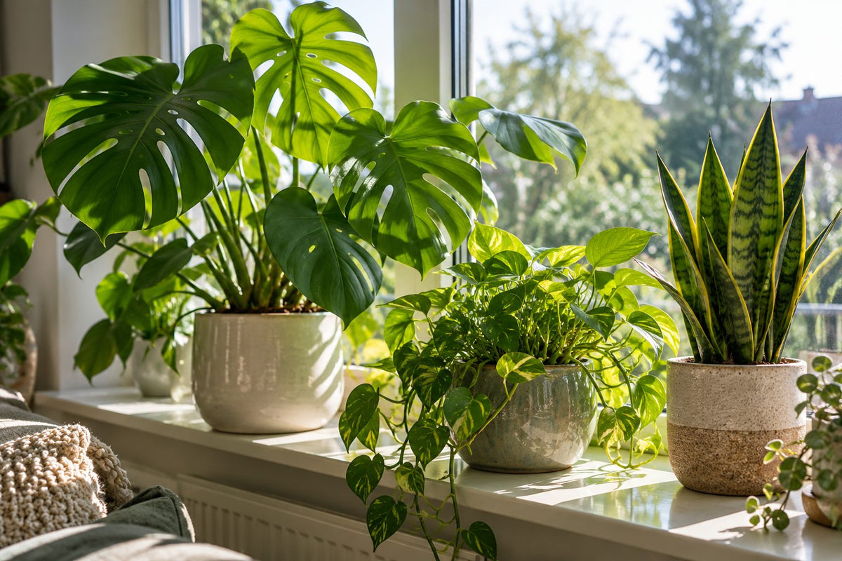 Helle Fensterbank mit Monstera, Efeutute und Bogenhanf in Keramiktöpfen, weiches Tageslicht fällt durch das Fenster