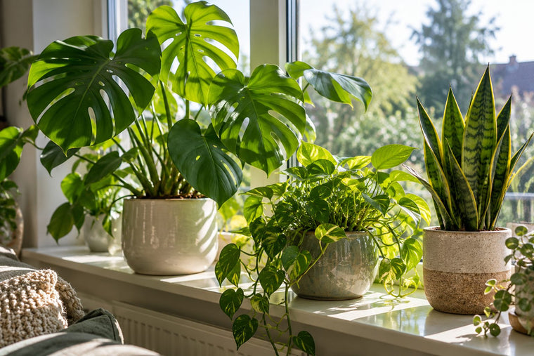Helle Fensterbank mit Monstera, Efeutute und Bogenhanf in Keramiktöpfen, weiches Tageslicht fällt durch das Fenster
