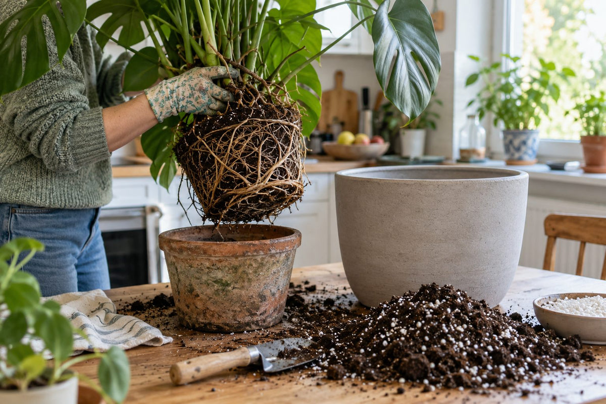 Eine Monstera wird auf dem Küchentisch umgetopft, die Pflanze ist aus dem alten Topf gehoben, daneben stehen ein größerer Topf und frische Erde mit Perlite